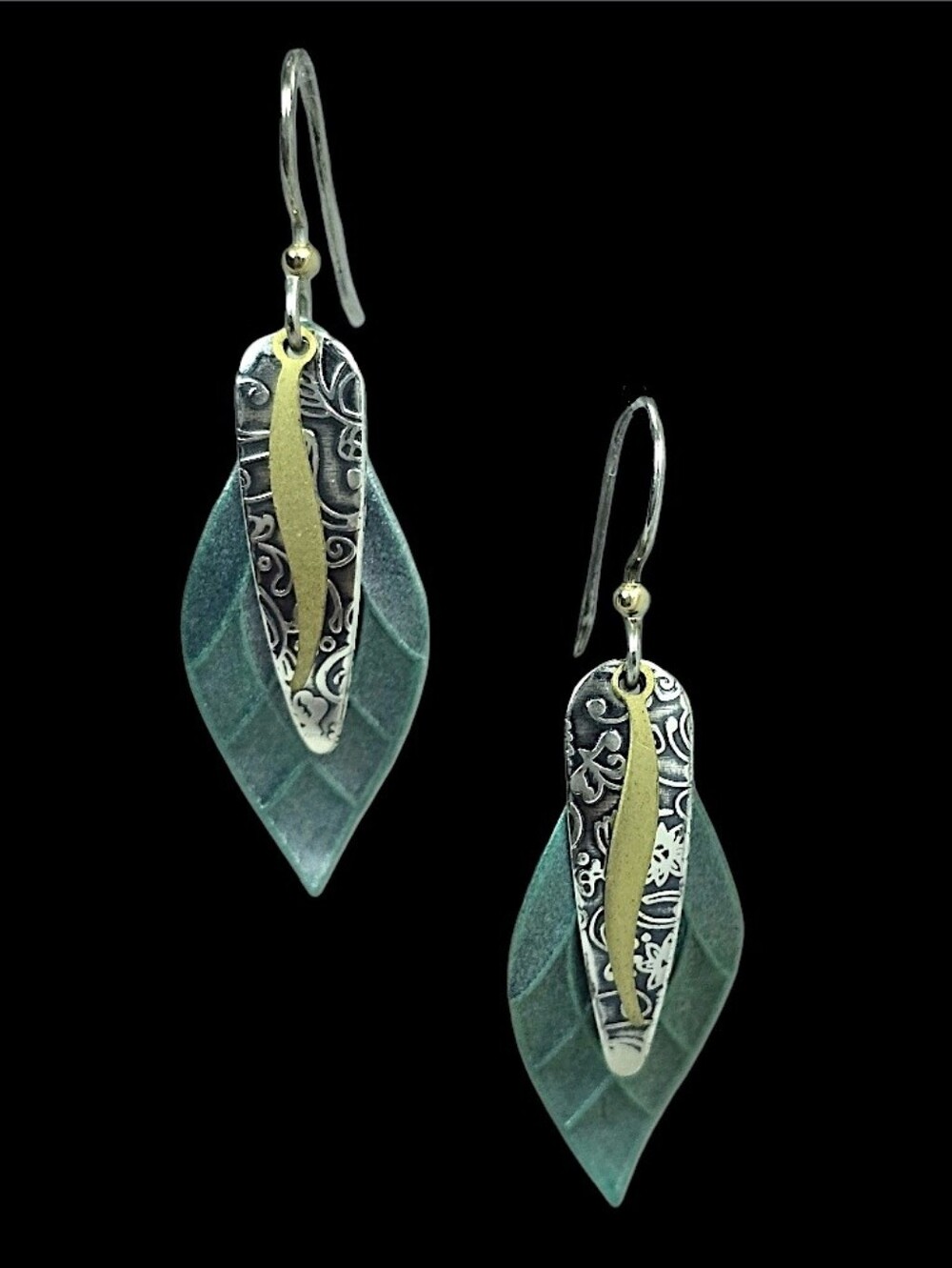 Jody Coyote Mixed Metal Green Leaf Drop Earrings Sterling Silver Wire